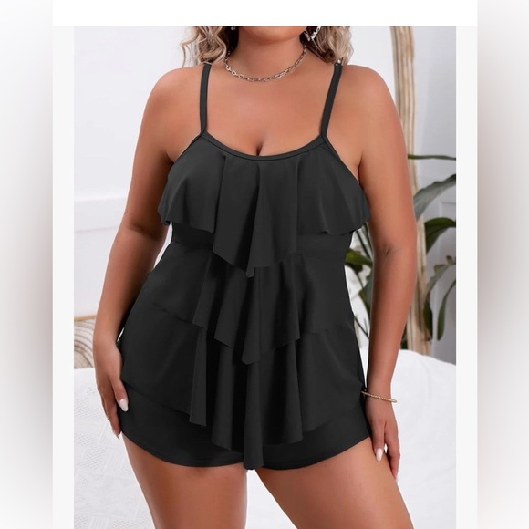 b2prity Tankini with Boy shorts Black Ruffle NWT 18 Plus Retails At $40 - Picture 2 of 6